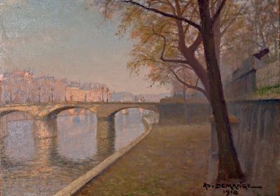 une peinture représentant un pont au-dessus d'une étendue d'eau