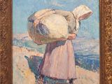 un tableau représentant une femme portant un grand sac sur le dos