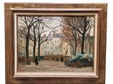 une image d'une peinture représentant une scène de rue avec une voiture à cheval