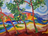 peinture représentant un paysage avec des arbres et des montagnes en arrière-plan