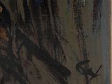 an oil painting of a man riding a horse through a forest