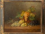 an oil painting of grapes in a basket on a table