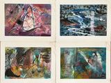 four paintings of different colors and shapes are on a piece of paper