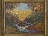 a painting of a stream running through a wooded area