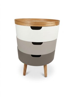 a white and grey chest of drawers with wooden legs