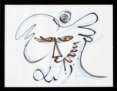 painting of a man with a bird ' s head and a spiral design on his face