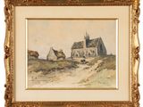 an image of a picture of a painting of a church in a field