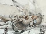 a drawing of a boat with people and a dog on the beach