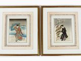 two framed asian prints of women in kimono robes and umbrellas