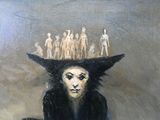 a painting of a woman with a large hat on her head