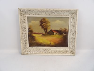 une image représentant un tableau représentant une scène de vie à la ferme, dans un cadre blanc