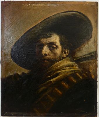 une peinture à l'huile représentant un homme coiffé d'un grand chapeau et tenant un fusil