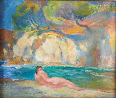 une peinture à l'huile représentant une femme allongée sur une plage au bord d'un plan d'eau