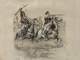drawing of two men on horses with spears and a sword
