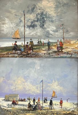 deux tableaux représentant des personnes sur une plage, avec des bateaux et d'autres personnes sur le rivage