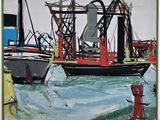 a painting of a boat in the water near a fire hydrant