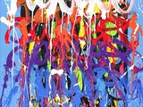 an image of a painting of a group of people with paint splatters on them