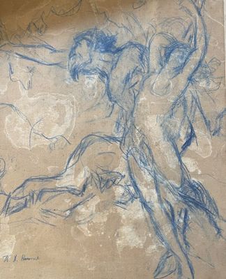 dessin représentant un homme sur une feuille de papier posée sur une table
