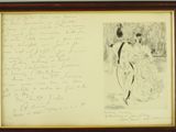 an old drawing of two women walking in a park with a handwritten letter