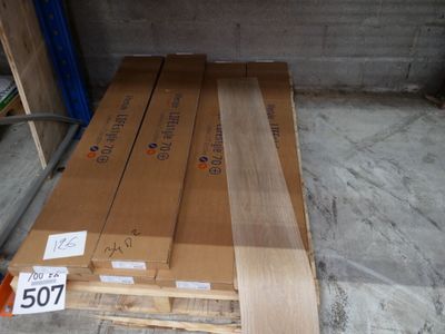 several boxes of wood are stacked on a pallet in a warehouse
