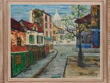 an oil painting of a street scene with buildings and a tree