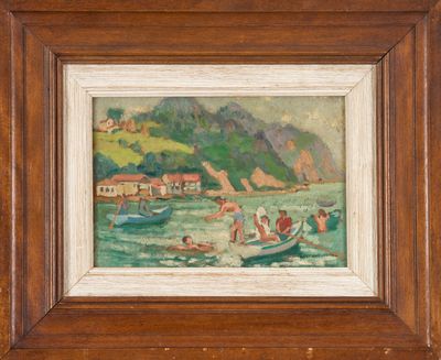 an image of a painting of people in a boat on the water