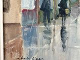 peinture de deux personnes marchant dans une rue de la ville sous la pluie