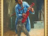une peinture à l'huile représentant un homme jouant d'un instrument rouge