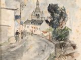 une image représentant une aquarelle d'un homme en train de prendre une photo d'un bâtiment