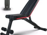 a black and red bench with a red seat next to it