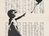 a black and white drawing of a girl holding a heart balloon