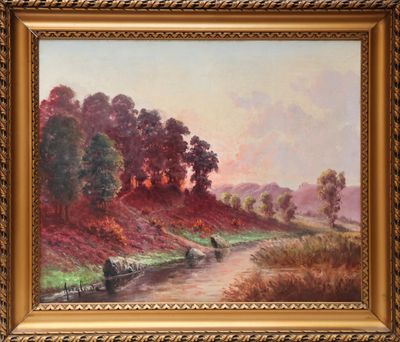un tableau représentant une rivière avec un bateau et des arbres en arrière-plan