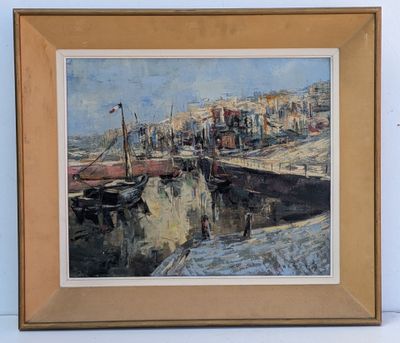 a picture of a painting of boats in a harbor