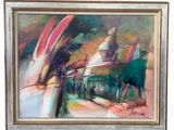 an image of a painting of a building with a clock tower in the background