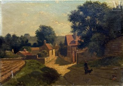tableau représentant un village où l'on voit un homme promener son chien sur un chemin de terre