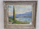 an image of a painting of a landscape with a lake in the foreground