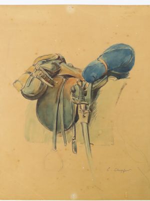 painting of a saddled horse with a saddle on it ' s back