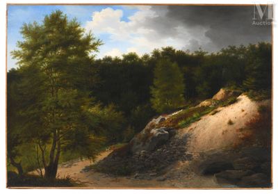 an image of a painting of a dirt road in a wooded area