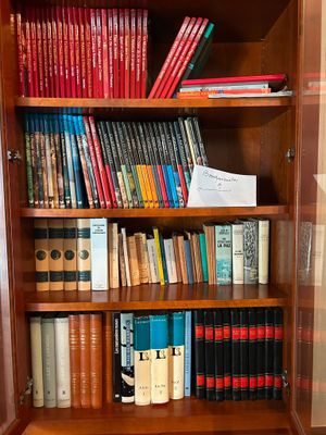 une étagère contenant de nombreux livres dans une pièce