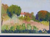 an oil painting of a field with trees and a house in the distance