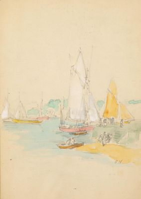 un dessin représentant des bateaux sur l'eau près d'une rive