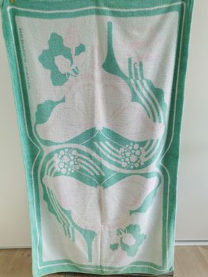 une serviette turquoise et blanche suspendue à un porte-vêtements dans une pièce