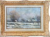 an oil painting of a snowy landscape with trees in the foreground