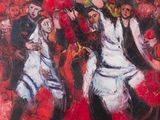 a painting of a group of people dancing in front of a crowd