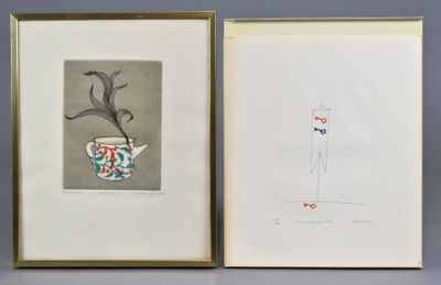 two framed drawings of a vase and a plant on a table