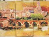 a painting of a bridge over a river with buildings in the background