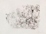drawing of a horse pulling a cart in a field with trees in the background