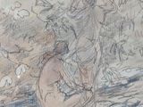 a drawing of a man sitting on the ground next to a dog
