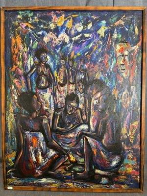 École Moderne, Afrique, "Cérémonie", huile sur toile, signat…