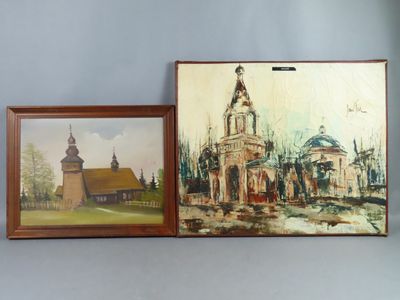 two paintings of a church and a church steeple on a wall
